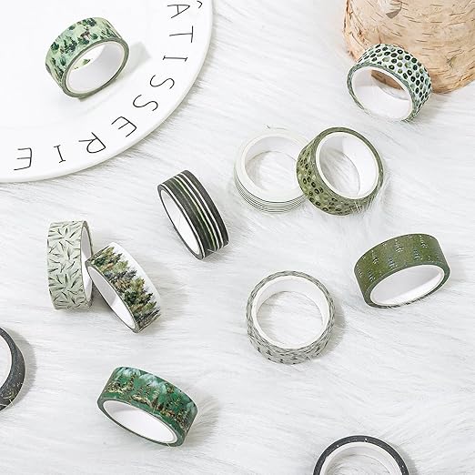 Whaline 12 Rolls Green Forest Washi Tape Watercolor Greenery Holiday Masking Tape Woodland Green Tree Plants Pattern Washi Tape for Scrapbook Journal DIY Craft Gift Wrapping
