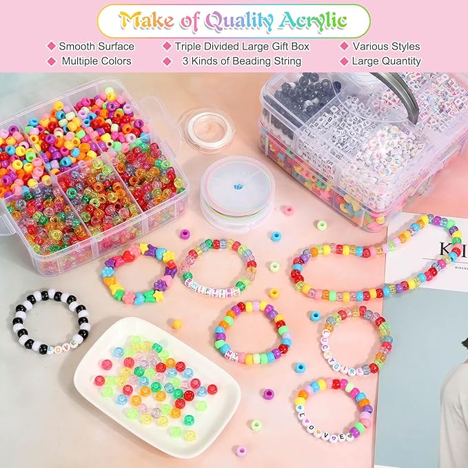 shynek 3800 Pony Beads: Bulk for Bracelets, Hair Braids & Craft - Colorful Plastic, Kandi, Star & Letter Beads for Jewelry Making