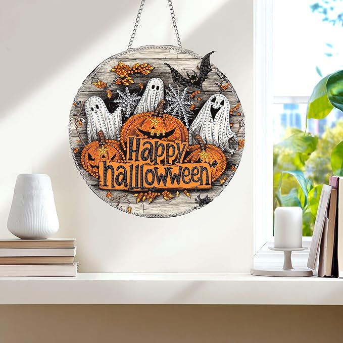 Wergund 5D DIY Halloween Diamond Art Hanging Kits, Hanging Diamond Art Ghost, Acrylic Special Shaped Rhinestone, Window Hanging Pendants for Home Wall Garden Front Door Outdoor Decor Gift(Halloween)