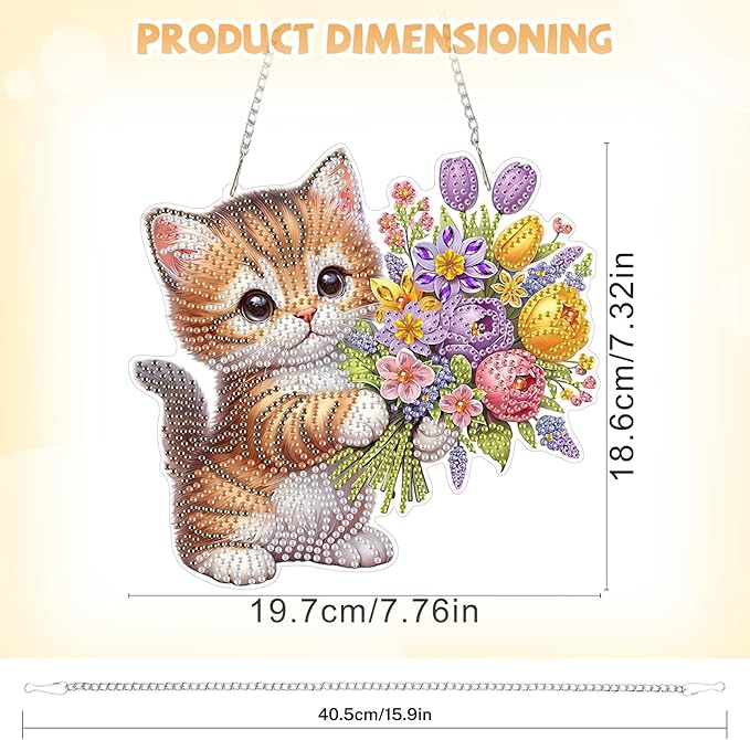 Bowetile Cat Diamond Art Hanging Kits for Adults, Diamond Art Suncatchers Flowers, 5D Special Shape Diamond Painting Pendant Window Ornament Valentine's Day Gifts for Home Wall Decor