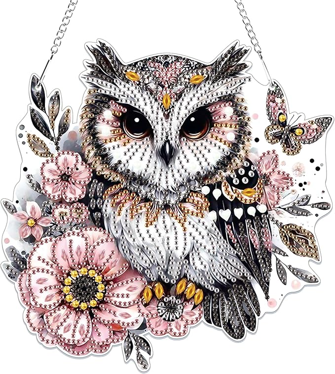 Bowetile Owl Diamond Art Hanging Kits for Adults, 5D Special Shape Diamond Painting Animals Kits, Animal Gem Art Suncatchers Painting Pendant Ornament for Home Garden Wall Decor