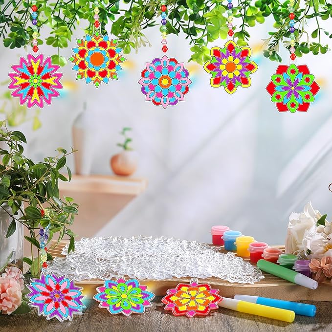 Sonwyoung 30 Sets Spring Mandala Suncatchers Craft Kits Easter Holi DIY Glow in The Dark Stained Glass Kit Paint Your Own Window Ornaments Art for Holiday Parties Home Decor and Creative Activities