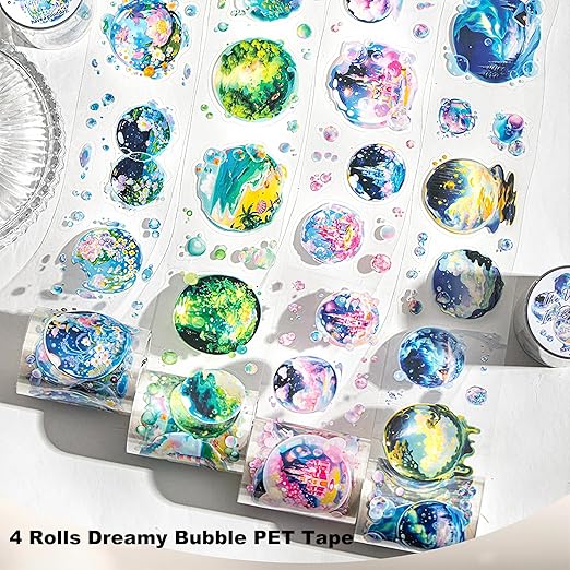 4 Rolls Bubble World PET Sticker Tape Set, Pre-Cut Bubble Scene Designs - Each Roll 1.97in x 78.74in for Scrapbook Journal Planner, DIY Crafts, Cards, Gift Wrap
