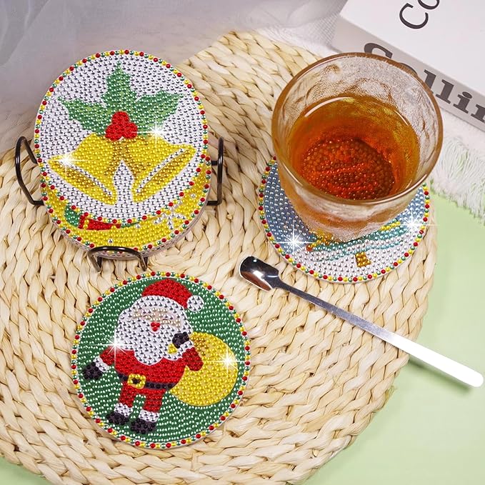 Vcekract Christmas Diamond Art Kits, 6PCS Christmas Diamond Painting Coasters with Holder, Diamond Art Kits for Adults