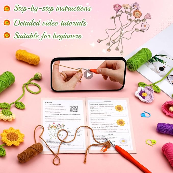 GarfxG Crochet Kit for Beginners Adults, 10 Flower Bookmarks Beginner Crochet Kit Include Knitting Yarn, Step-by-Step Video Tutorial, Hook, Holiday Birthday Christmas Gift for Friends Families