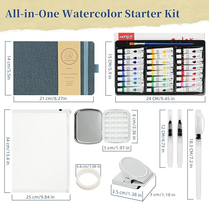 Vienrose Mini Portable Watercolor Palette Set for Travel & Outdoor Painting with 8.5" x 5.5" Linen Cover Watercolor Sketchbook, 24-Color Watercolor Paints, 3 Pens, Artist Tape & Storage Bag
