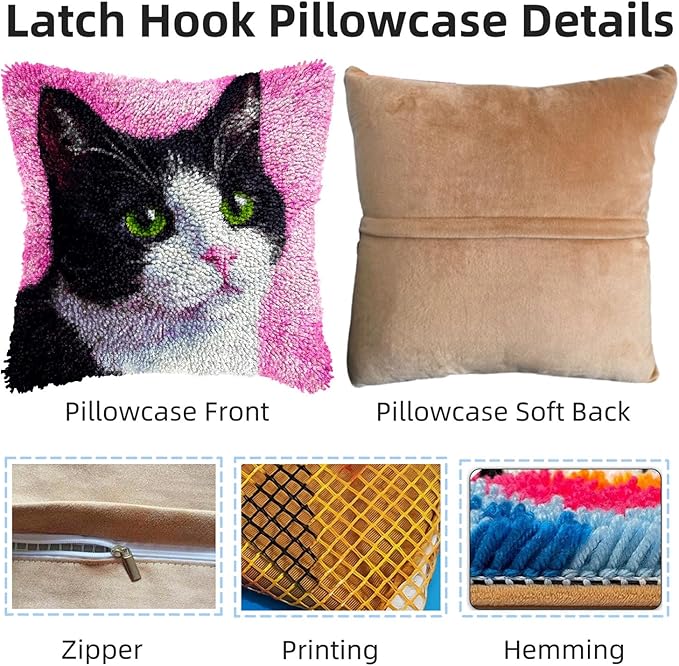 DIY Latch Hook Pillow Kits Black and White Cat with Green Eyes Printed Pillowcase Crochet Yarns Hooking Handmade Pillow Cover Cushion for Home Sofa Decoration 17x17inch-1