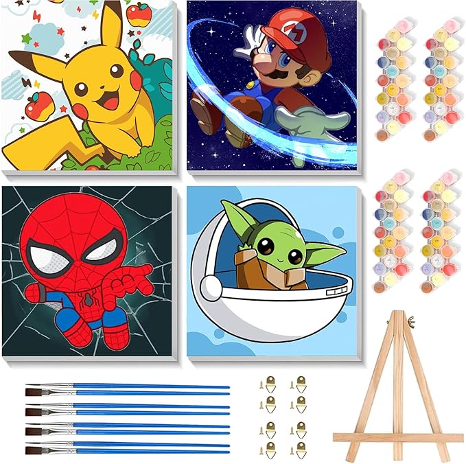 KOJEFCV 4 Pack Cartoon Paint by Numbers for Kids with Framed Canvas-with Wooden Easel, Paint by Number for Kids Ages 4-8-12, DIY Easy Acrylic Oil Painting Kits for Home Wall Decor (8X8inch)