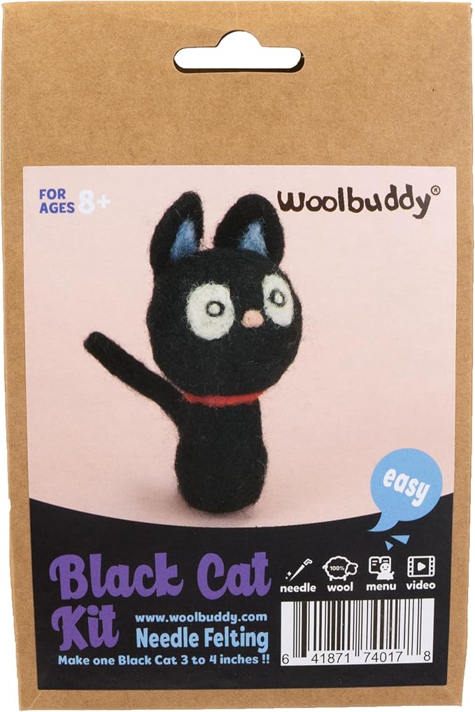 Woolbuddy Needle Felting Kit for Beginners & Adults – DIY Black Cat Animal Craft Kit – Complete Starter Kit with Wool, Needles & Step-by-Step Instructions