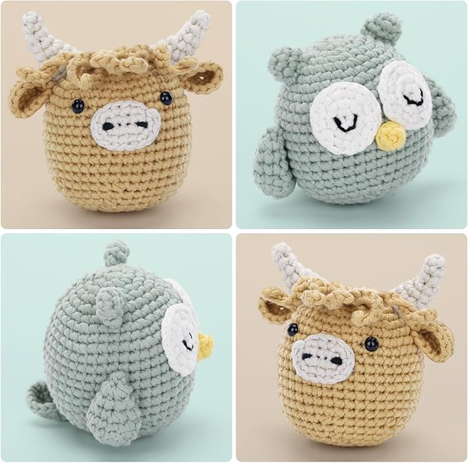 CrochetBox Crochet Kit for Beginner, Highland Cow and Owl Learn How to Crochet Stuffed Animals Gift for Adults and Teen(), Knitting Set with Yarn Hook Stitch-by-Stitch Video Tutorial