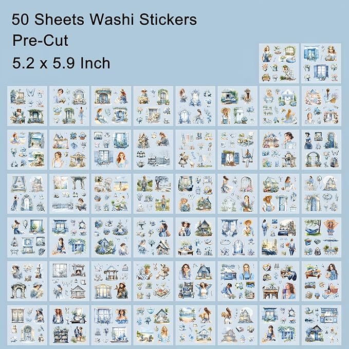 Garden Junk Journal Stickers, 50 Sheets Washi Journaling Sticker Book, Scrapbook Supplies, Watercolor Scrapbooking for Adults, Blue Decorative Ephemera Arts Craft