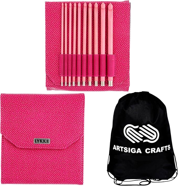 Lykke Blush 6 in. Set Sizes 3.5, 3.75, 4.0, 4.5, 5.0, 5.5, 6.0, 6.5, 8.0, 9mm Crochet Hooks for Sport, Baby, DK, Worsted, Chunky Yarn, Birchwood with Magenta BW Case, Project Bag