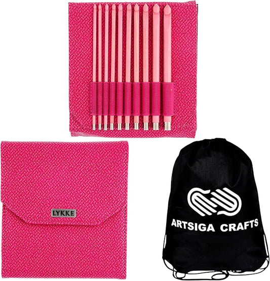 Lykke Blush 6 in. Set Sizes 3.5, 3.75, 4.0, 4.5, 5.0, 5.5, 6.0, 6.5, 8.0, 9mm Crochet Hooks for Sport, Baby, DK, Worsted, Chunky Yarn, Birchwood with Magenta BW Case, Project Bag