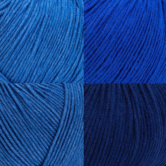 Cotton Yarn Kit - 4 Multicolor Balls Soft Sport Weight Yarn for Crochet & Amigurumi - 50g / 175yds Each & 10 Stitch Markers (H21 - Dark Blue)