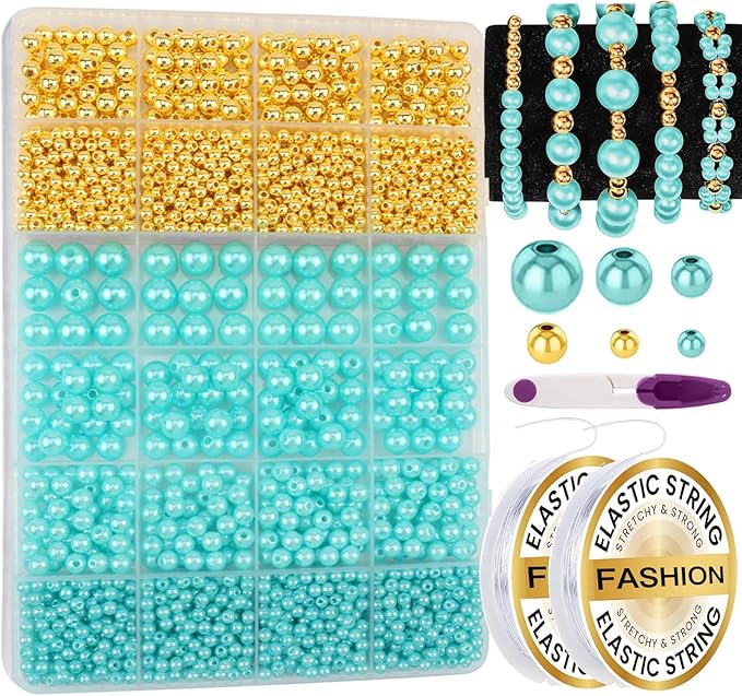 2116 PCS Pearl Beads for Bracelet Making Kit Gold Beads for Jewelry Making Kit Gold Small Spacer Bead Light Blue Pearl Bead for Crafting Charms Necklace Earrings DIY Craft for Women Adult