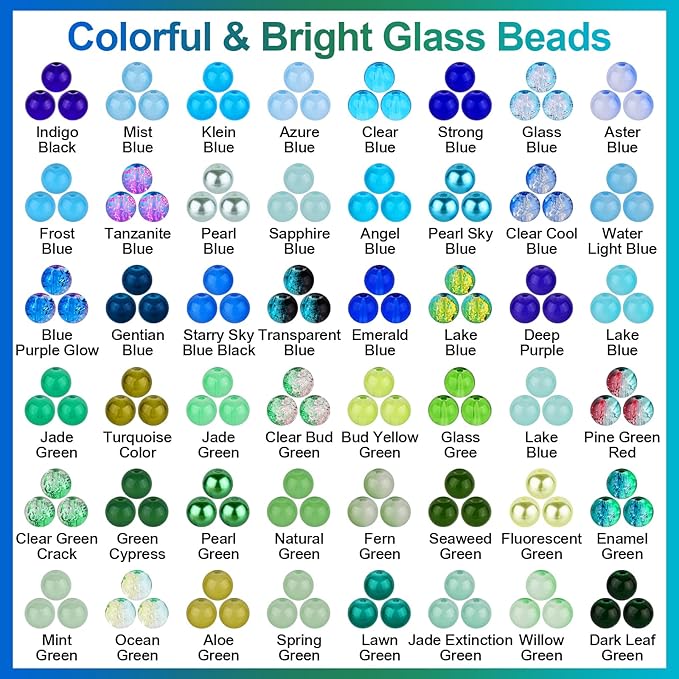 XSEINO About 1200PCS 8mm Glass Beads Bracelet Making Kit,48 Assorted Dreamy Blue Ocean and Green Series Colorful Crystal Beads for Making and DIY Crafts