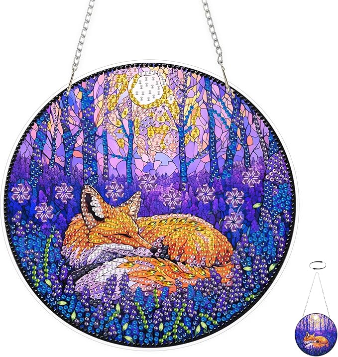 TOSTOG Fox Diamond Art Hanging Kits for Adults, Purple Jungle Diamond Painting for Adults Window Pendant, Special Shape Diamonds Diamond Painting Hanging Pendant Kit for Wall Home Decor Gift