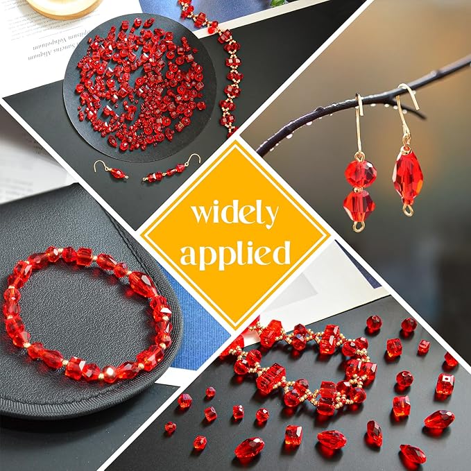 1500 Pcs Crystal Glass Beads for Jewelry Making – 12 Styles Bicone, Rondelle, Cube, Teardrop & 3mm Spacer Beads, DIY Bracelet Necklace Earring Craft Kit with Organizer Box(Red)