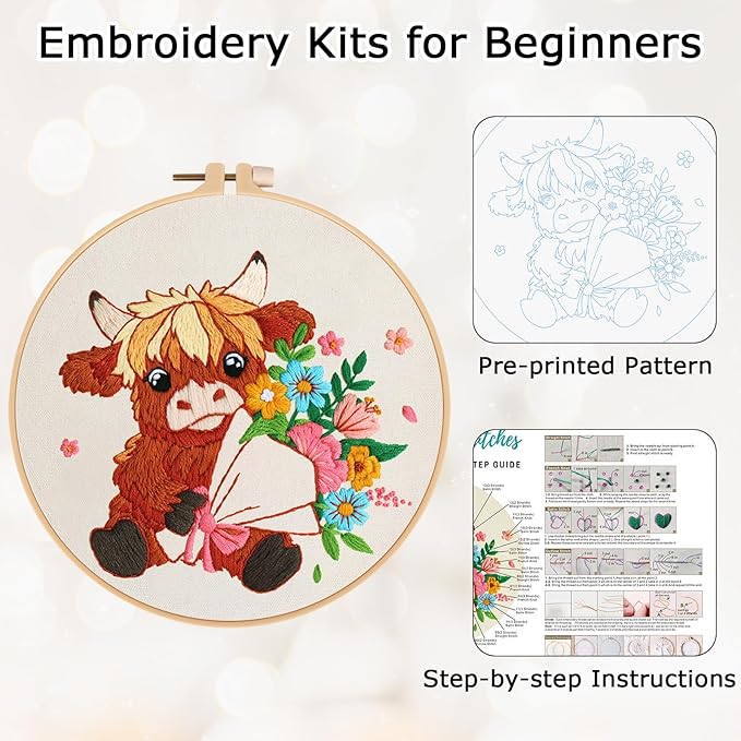 Nuberlic Highland Cow Embroidery Kits for Beginners with Flowers Pattern, DIY Cross Stitch Starter Kits for Adults Including Cloth with Pattern, Hoop, Needles Instruction and Threads