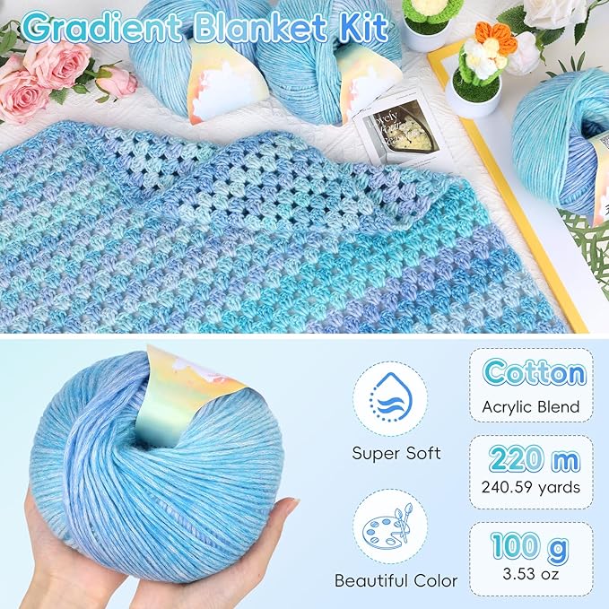 Aeelike Blanket Crochet Kit for Beginners, Super Easy Crochet Blanket Kit with Soft & Colorful Gradient Yarns Detailed Video Tutorials Crocheting Accessories, Aurora Blue Gradient & Ideal Gift