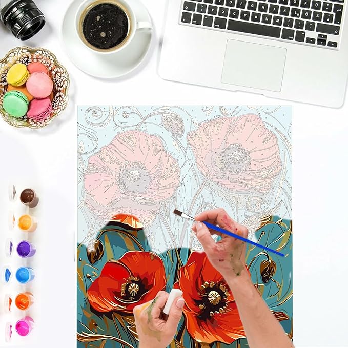 Lxmsja Red Poppies Paint by Numbers Kit for Adults, Acrylic Landscape Paint by Numbers for Adults Beginner, DIY Craft Supplies Oil Painting Kits for Home Wall Decor 12x16 inch (Framed)