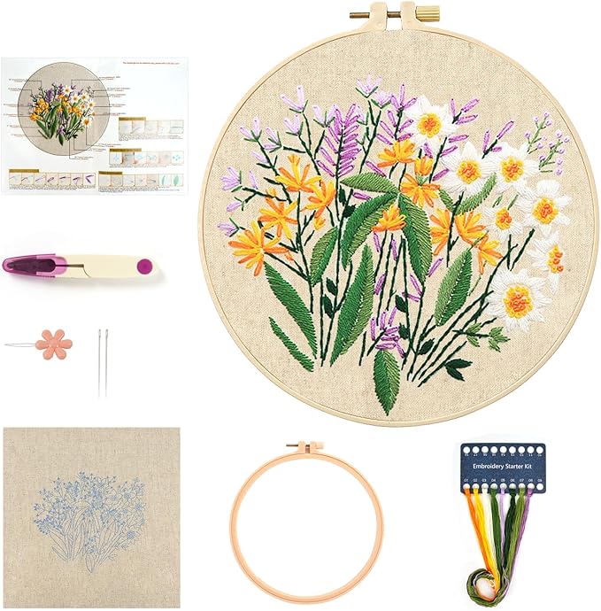 MAMUNU Embroidery Kit for Beginners Adults, Cross Stitch Kits, Stamped Cross Stitch Kits, Floral Flower Embroidery Kit with Printed Embroidery Cloth, Embroidery Hoop, Color Threads and Tools