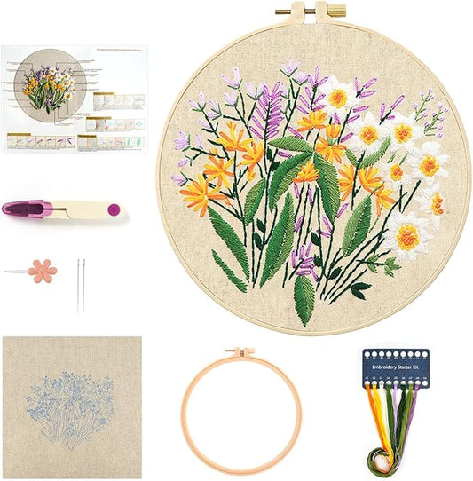 MAMUNU Embroidery Kit for Beginners Adults, Cross Stitch Kits, Stamped Cross Stitch Kits, Floral Flower Embroidery Kit with Printed Embroidery Cloth, Embroidery Hoop, Color Threads and Tools