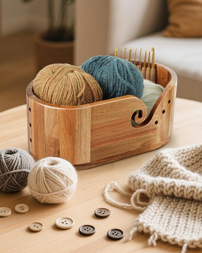 Oval Yarn Bowl, Crochet Yarn Holder with 9pcs Knitting Hooks, Yarn Storage Crochet Bowl Knitting Gift for Crocheters, Large Yarn Bowl Acacia Wooden 11.3x5.9x4.7inch (Acacia Yarn Bowl)