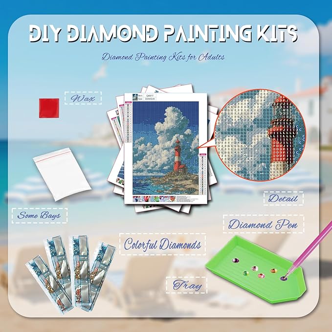 DOTZSO Diamond Art Kits for Adults, 5D Beach Diamond Painting Kits for Adults,DIY Full Drill Diamond Art Painting Kits Gem Art and Crafts 11.8x15.7 (Inches)