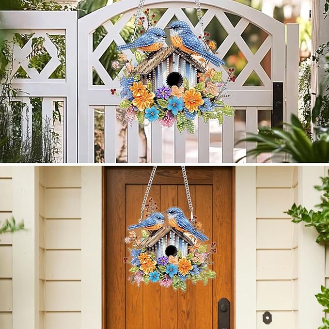 MXJSUA Flower Birdhouse Special Shaped Hanging Diamond Painting Art Kits for Adults, Crystal Rhinestone Acrylic Gem Art Pendant Ornaments Kit for Home Decoration and Gift