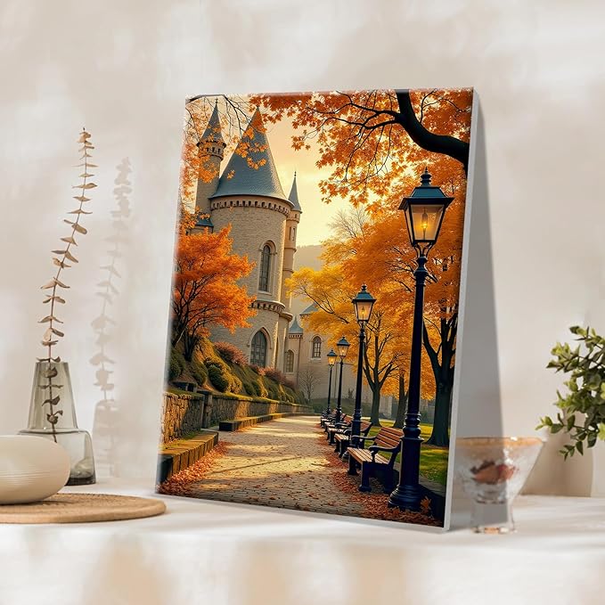 JOOZ Paint by Numbers Kit for Adults with Frame Autumn Landscape Paint by Number with Easel Castle Adult Paint by Number Kits Framed Canvas Fall Leaves Oil Painting Kits for Home Wall Decor 8x12 Inch