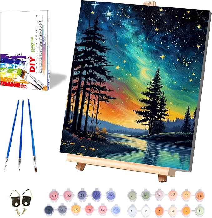 Starry Sky Paint by Numbers for Adults with Framed Canvas - with Wooden Easel, Landscape Paint by Number on Canvas, Acrylic Oil Painting Kit with Brushes Nice Gift Box for Home Wall Decor (12x16 inch)