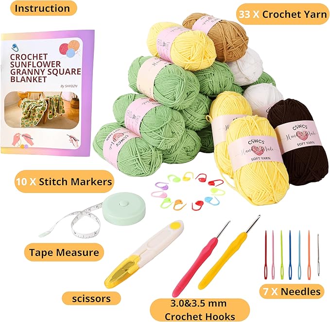 CSWCS Crochet Blanket Kit for Beginners, Sunflower Granny Square Crochet Blanket Kit for Adults, Easy Learn How to Knitting with Yarn Accessories Book & Video Tutorials for Starter (47" x 39")