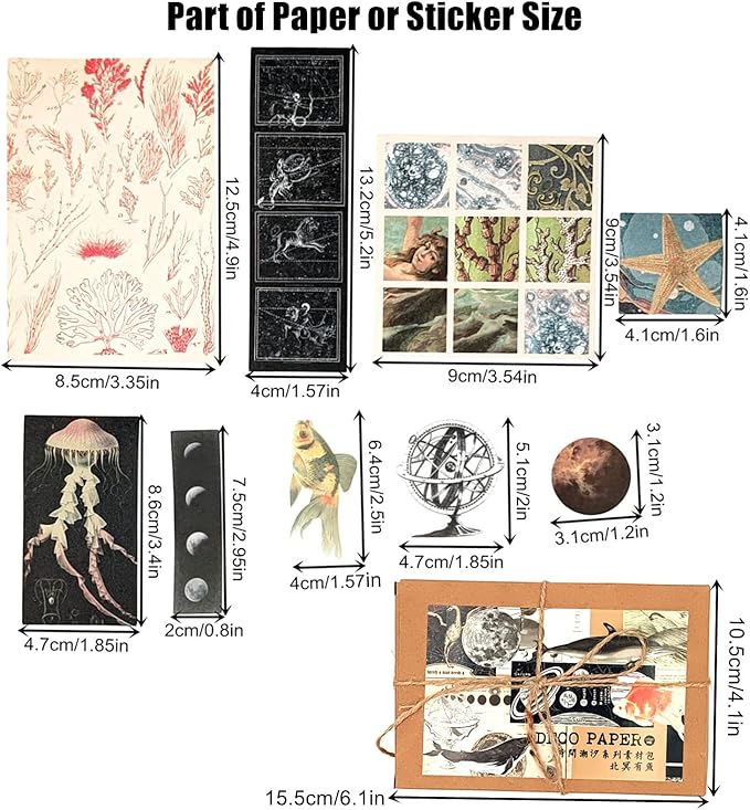 Esweny 200 Pieces Vintage Ephemera Scrapbooking Supplies Pack for Journaling, Decoupage Paper Scrapbook Stickers Kit for Junk Journal Planners Collage Craft Notebooks Album (Space and Sea)