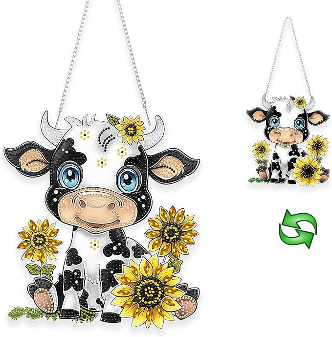Yunzlly Hanging Diamond Art Ornament Double Sided Kit Smile Cow, Special Crystal Diamonds Painting Pendant for Adults, DIY Acrylic Gem Painting Board Kit