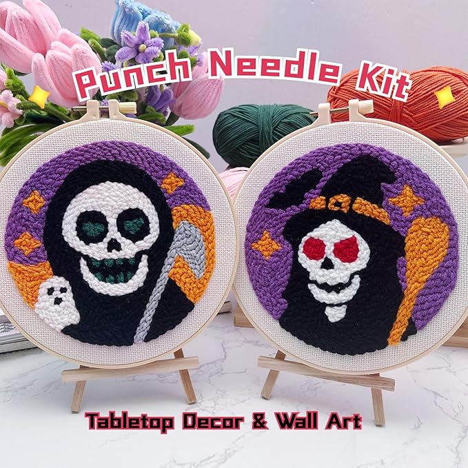 Halloween Punch Needle Kit for Adults Beginners, Easy Punch Embroidery Starter Set with Instruction, Fun DIY Needle Point Craft for Home Decor & Holiday Gift Idea(2pcs Skull Witch & Grim Reaper)