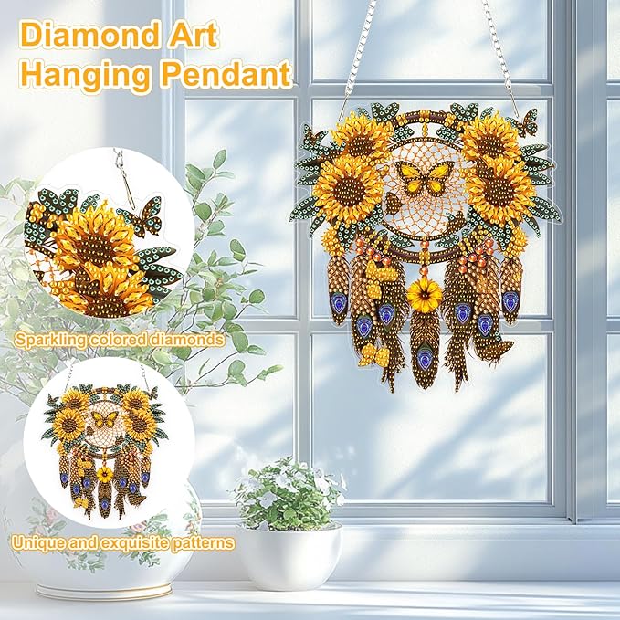 TOSTOG Sunflower Dream Catcher Diamond Art Hanging Kits for Adults, Diamond Painting for Adults Window Pendant, Special Shape Diamonds Diamond Painting Hanging Pendant Kit for Wall Home Decor Gift