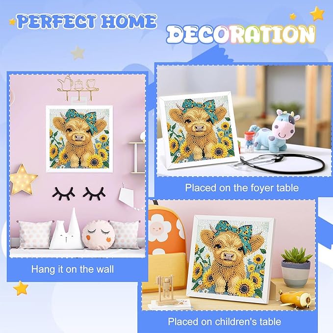 Gearock Diamond Art Kits with Wooden Frame, Easy DIY 5D Diamond Painting Kits, Flowers Cow Cute Big Gem Kits for Adults Beginners Animal Lovers Halloween Christmas Birthday Gifts