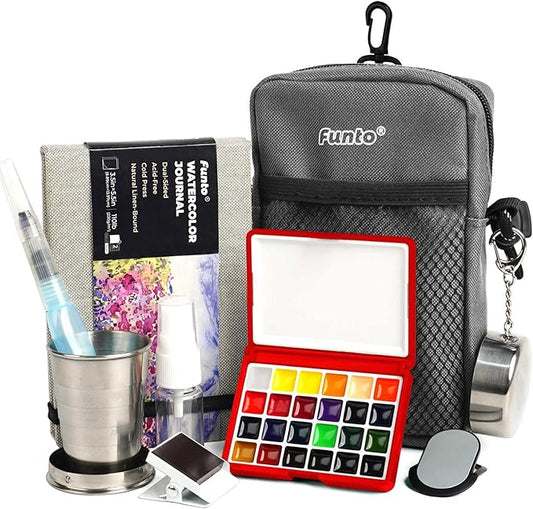 Funto Mini Watercolor Paint Set, All-in-One 24-Color Travel Paint Kit, with Crossbody Bag, Watercolor Journal, Paint Water Cup, Pocket Set for Artists