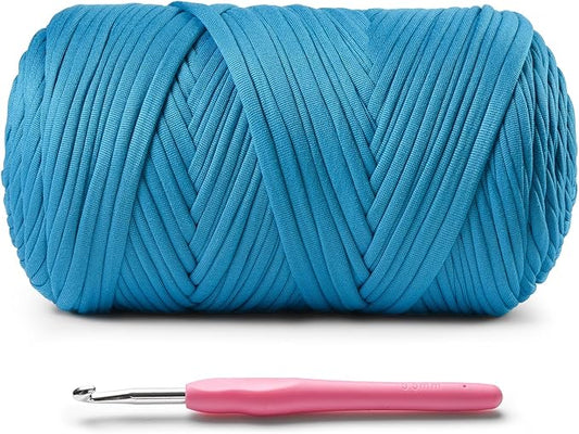 Elastic Fabric T Shirt Yarn for Crocheting，Beginner Crochet Yarns with Polyester Spandex Blend,Total 400g/114yds Soft Tshirt Yarn for Crochet Crafts/Bags/Baskets（Deep Lake Blue）