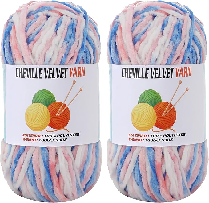 2 * 100g Velvet Chenille Chunky Yarn, Handcrafts Weaving Soft Chenille Yarn for Crocheting Clearance, Used for Making Baby Yarn Blanket, Clothes, Knitting Creations (Colorful - E)