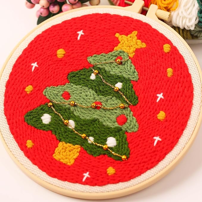 harimau 3pcs beginner embroidery kit,christmas pattern,punch needle kits, including stamped embroidery cloth with 3 embroidery hoops, multicolor color threads for embroidery kit