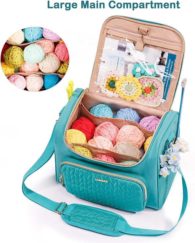 MYBAGZING Crochet Bag Organizer, Quilted Storage Bag with Hanging Hook, Yarn Holder for Knitting & Crochet Accessories, Crochet Gift for Mother's Day