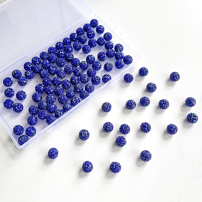 100 pcs 10mm Rhinestone Beads for Jewelry Making, Sapphire Shiny Round Disco Ball Bead, Bulk Polymer Clay Rhinestone Beads Crystal Diamond Bead for Bracelet Necklace Earring Crafting
