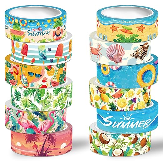 Summer Washi Tape Set,12 Rolls Hawaii Beach Holiday Decorative Tape Flamingo Tropical Leaves Coconut Watermelon Pineapple Masking Tape for Journaling Supplies, Gift Wrapping, DIY Art&Crafts