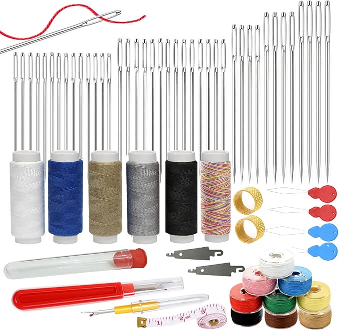 66PCS Sewing Kit 5 Size Big Eye Stainless Steel Needles for Hand Sewing Needle and Thread Kit with Threaders, Bobbins,Thimbles,Seam Rippers Accessories and Supplies Tools for Adults Beginners