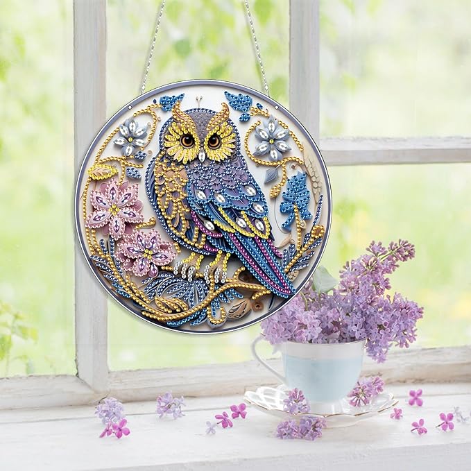 Generic DIY Hanging Diamond Pendant Special Shaped Crystal Diamond Art Painting Ornament Single Sided for Window Home Garden Wall Door Decor-Owl