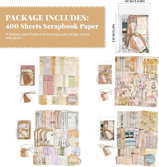 400Pcs Scrapbook Supplies Kit,4 Pack of Vintage Scrapbook Paper for Planner Bullet Junk Journal Supplies, Decoupage Paper Card Making Supplies and Scrapbooking Supplies DIY Mixed Media Collage Card