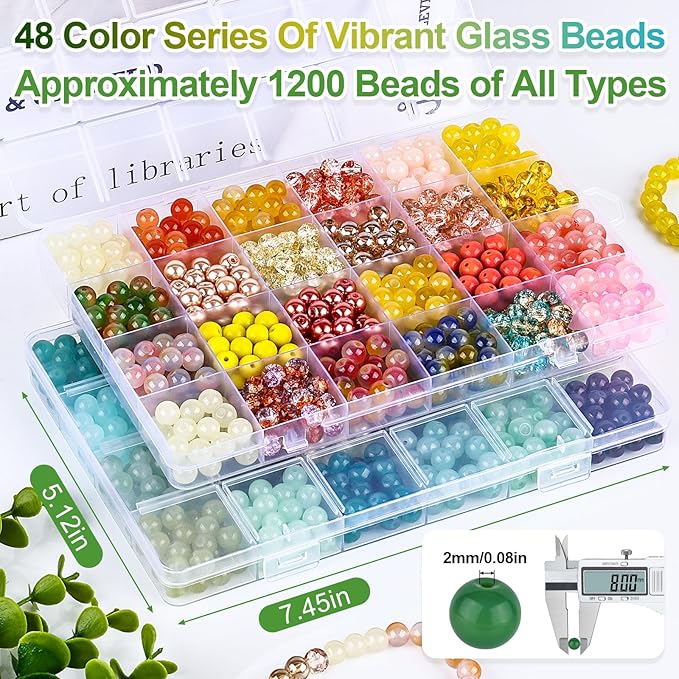XSEINO About 1200PCS 8mm Glass Beads Bracelet Making Kit，48 Assorted Yellow and Green Series Colorful Crystal Beads for Making and DIY Crafts