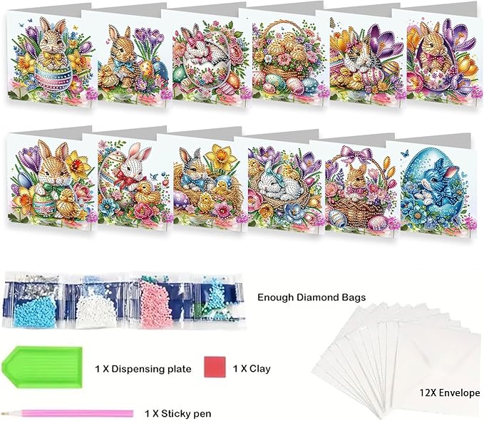 YOKUSHI 12 PCS Easter Diamond Art Painting Greeting Cards, Rabbit Craft DIY Card Making Kits for Adults Gifts (Easter)